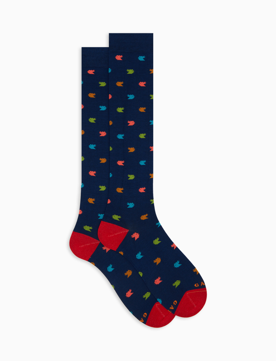 Men's long blue cotton socks with colourful small rooster motif - Gallo 1927 - Official Online Shop