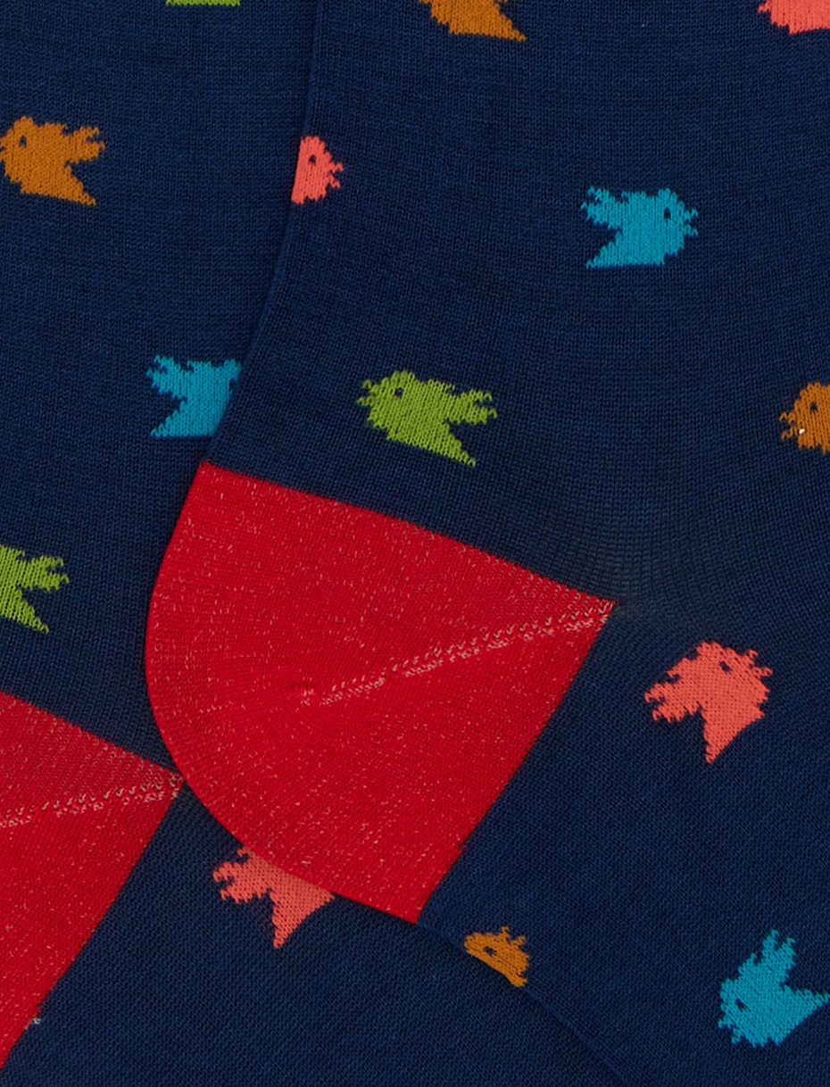 Men's long blue cotton socks with colourful small rooster motif - Gallo 1927 - Official Online Shop