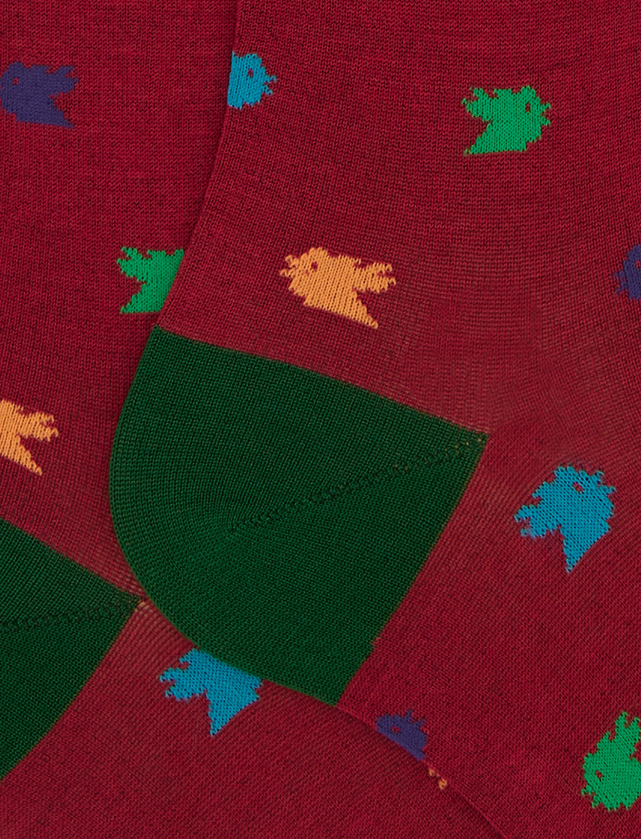 Men's long red cotton socks with colourful small rooster motif - Gallo 1927 - Official Online Shop
