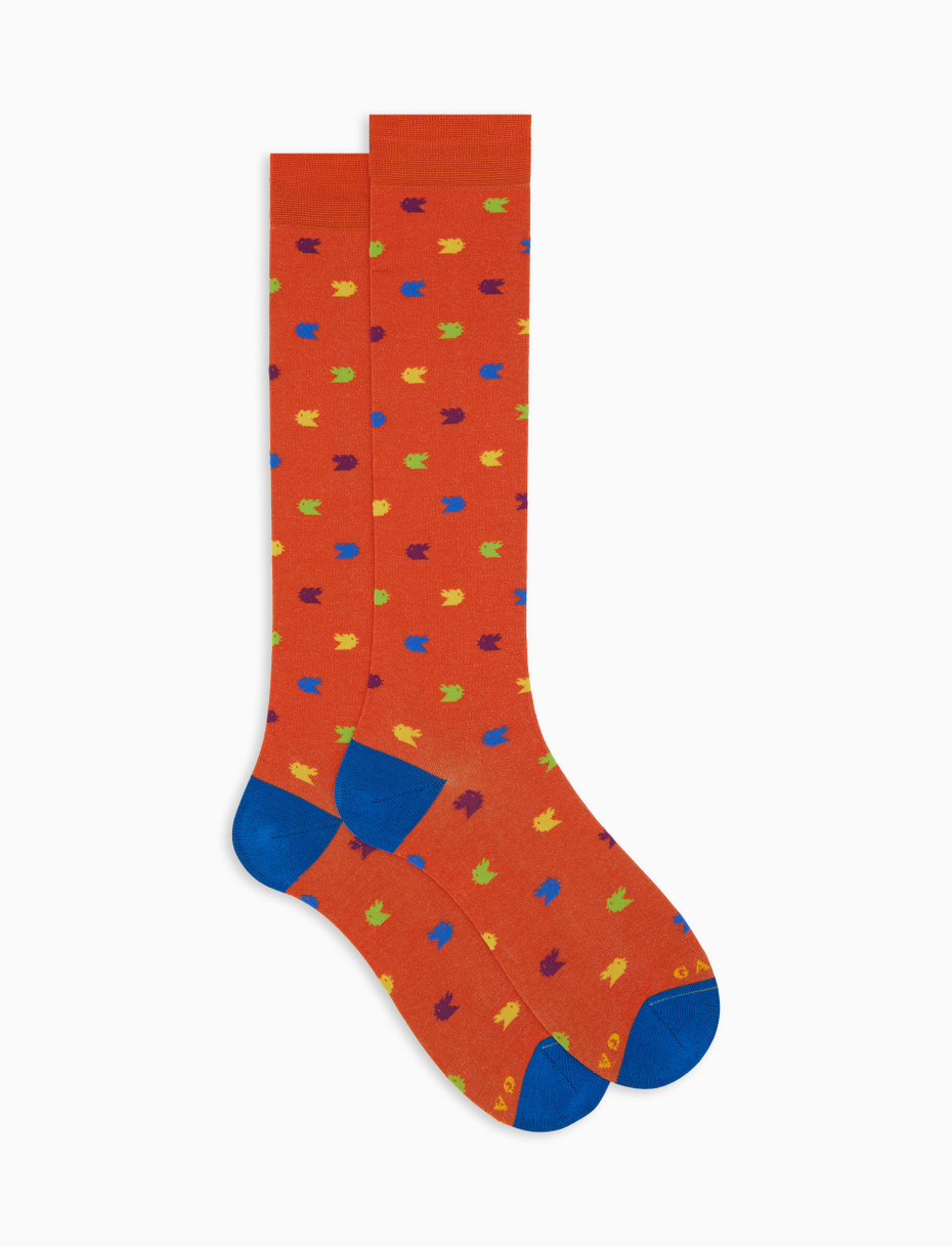 Calze lunghe uomo cotone fantasia piccoli galletti colorati arancio - Gallo 1927 - Official Online Shop