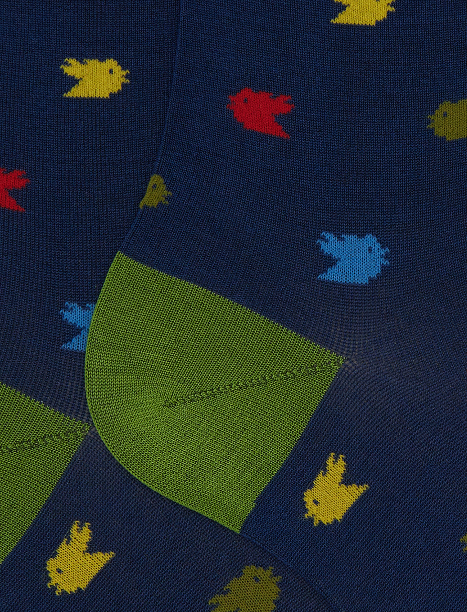 Men's short blue cotton socks with colourful small rooster motif - Gallo 1927 - Official Online Shop