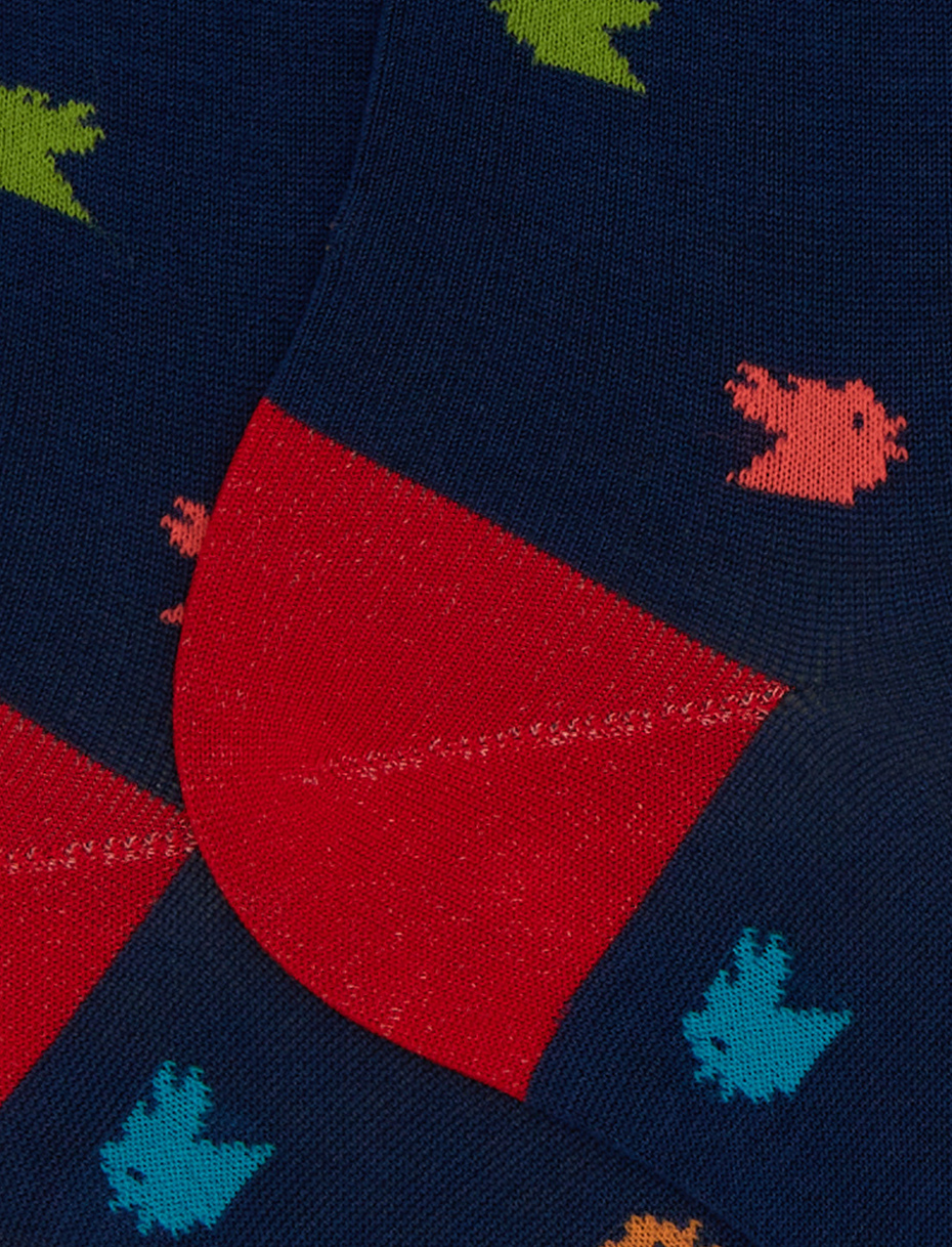 Men's short blue cotton socks with colourful small rooster motif - Gallo 1927 - Official Online Shop