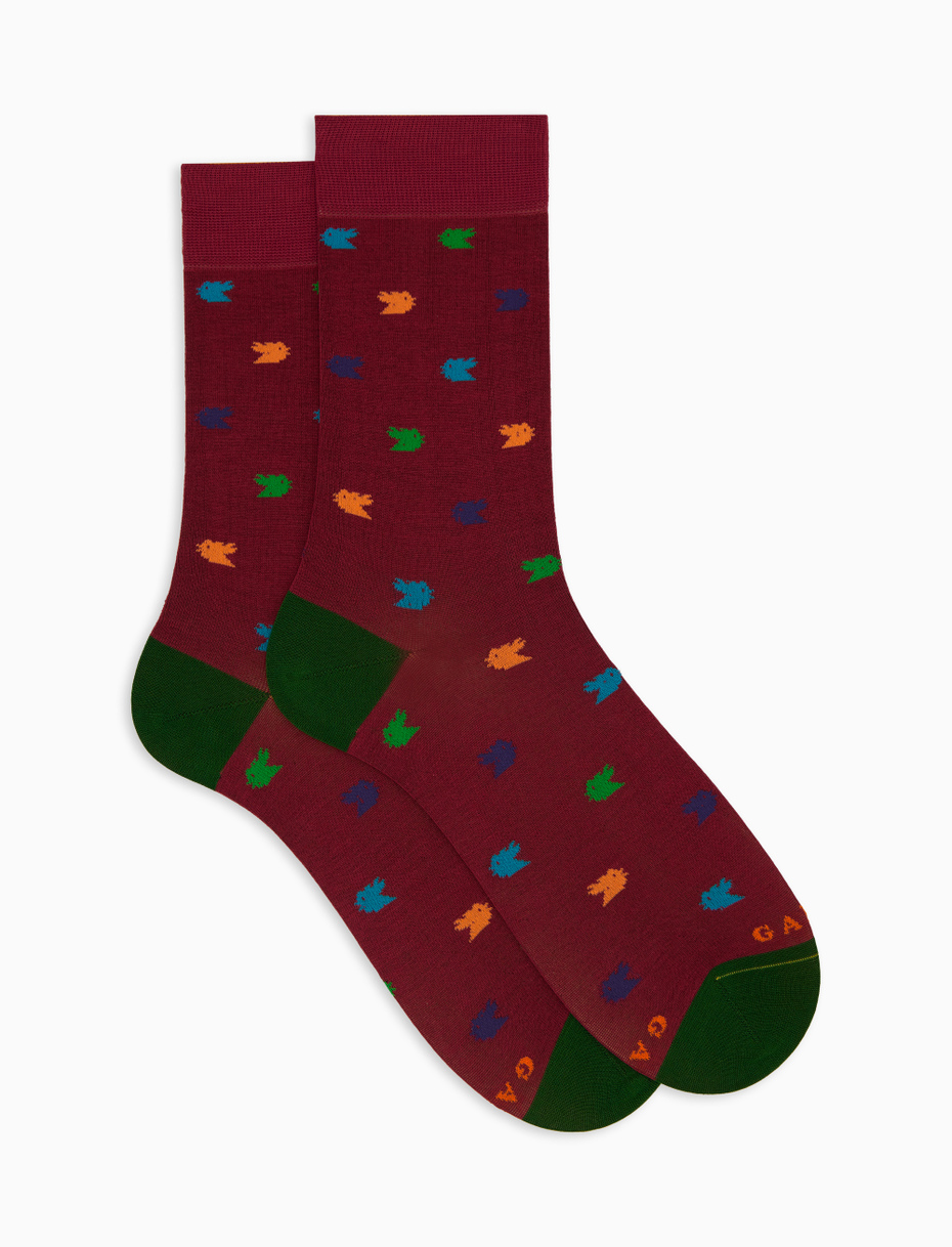 Men's short red cotton socks with colourful small rooster motif - Gallo 1927 - Official Online Shop