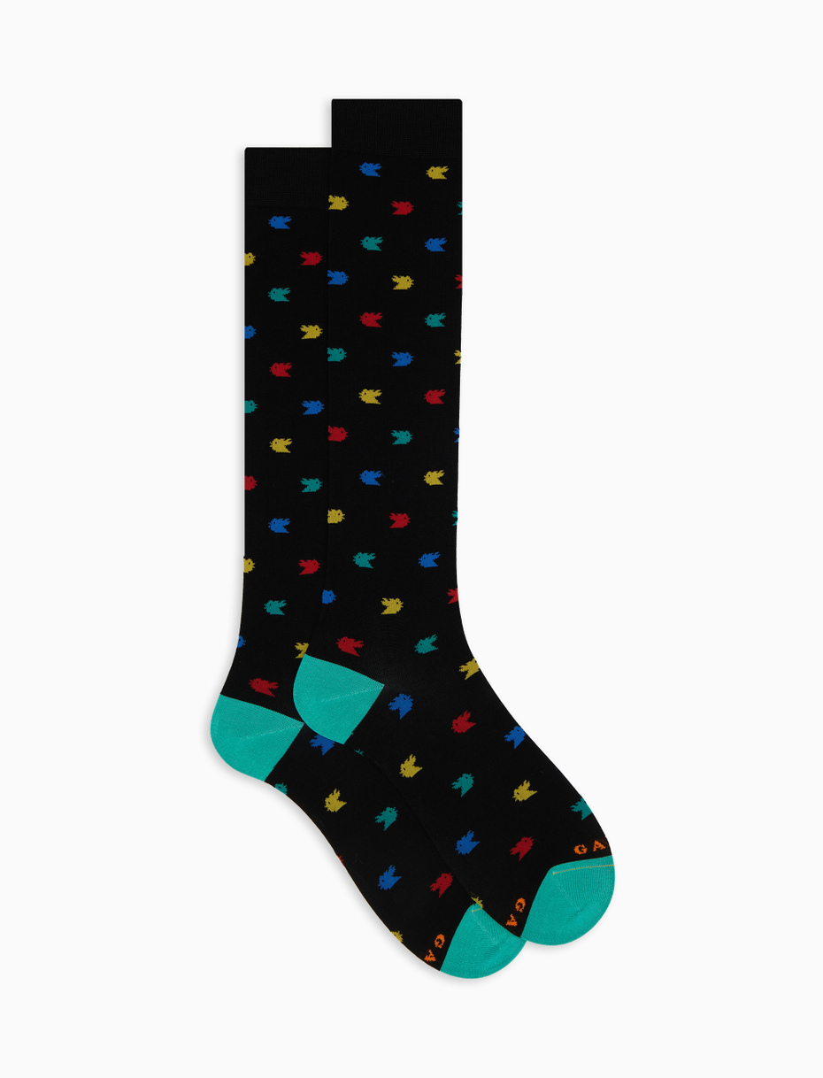 Women's long black cotton socks with colourful small rooster motif - Gallo 1927 - Official Online Shop
