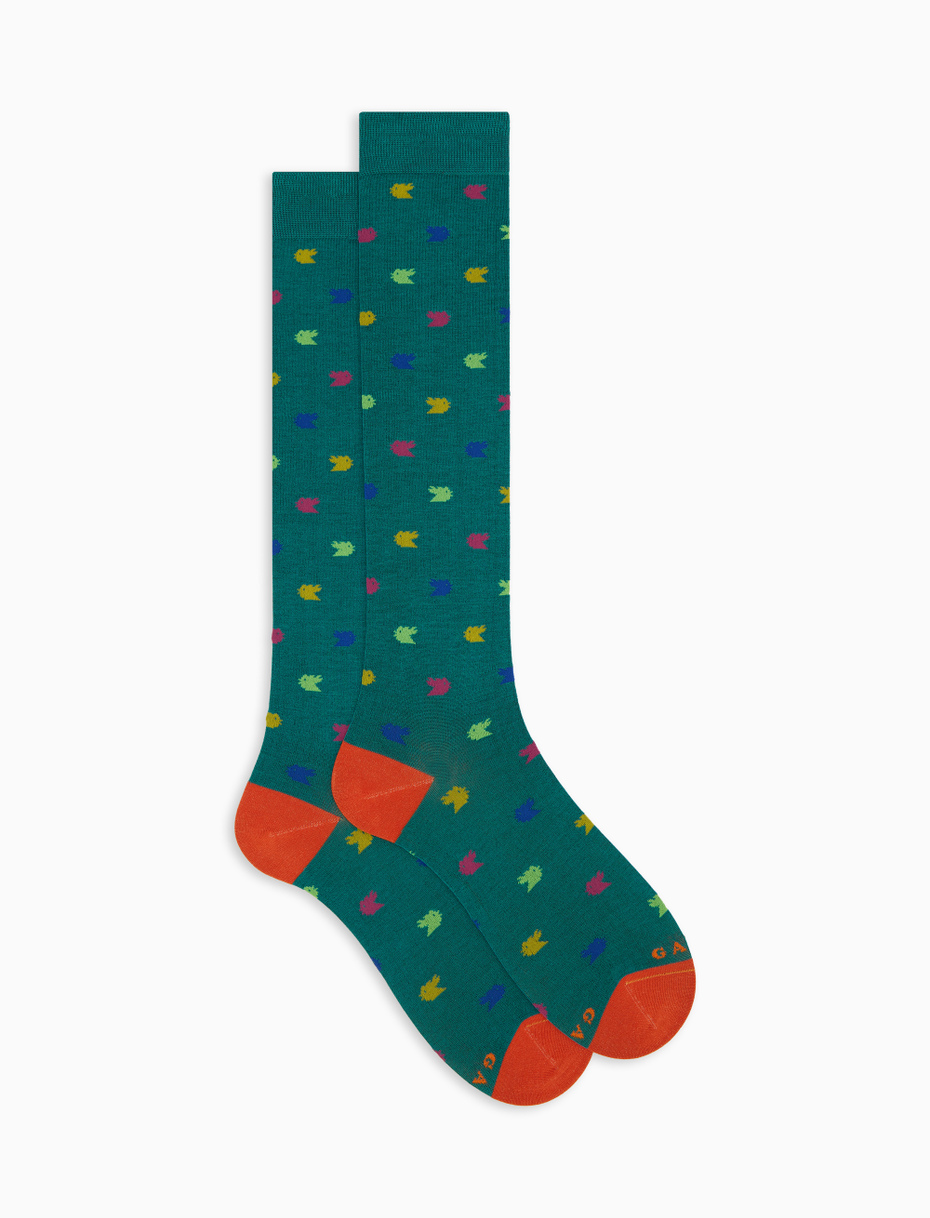 Women's long green cotton socks with colourful small rooster motif - Gallo 1927 - Official Online Shop
