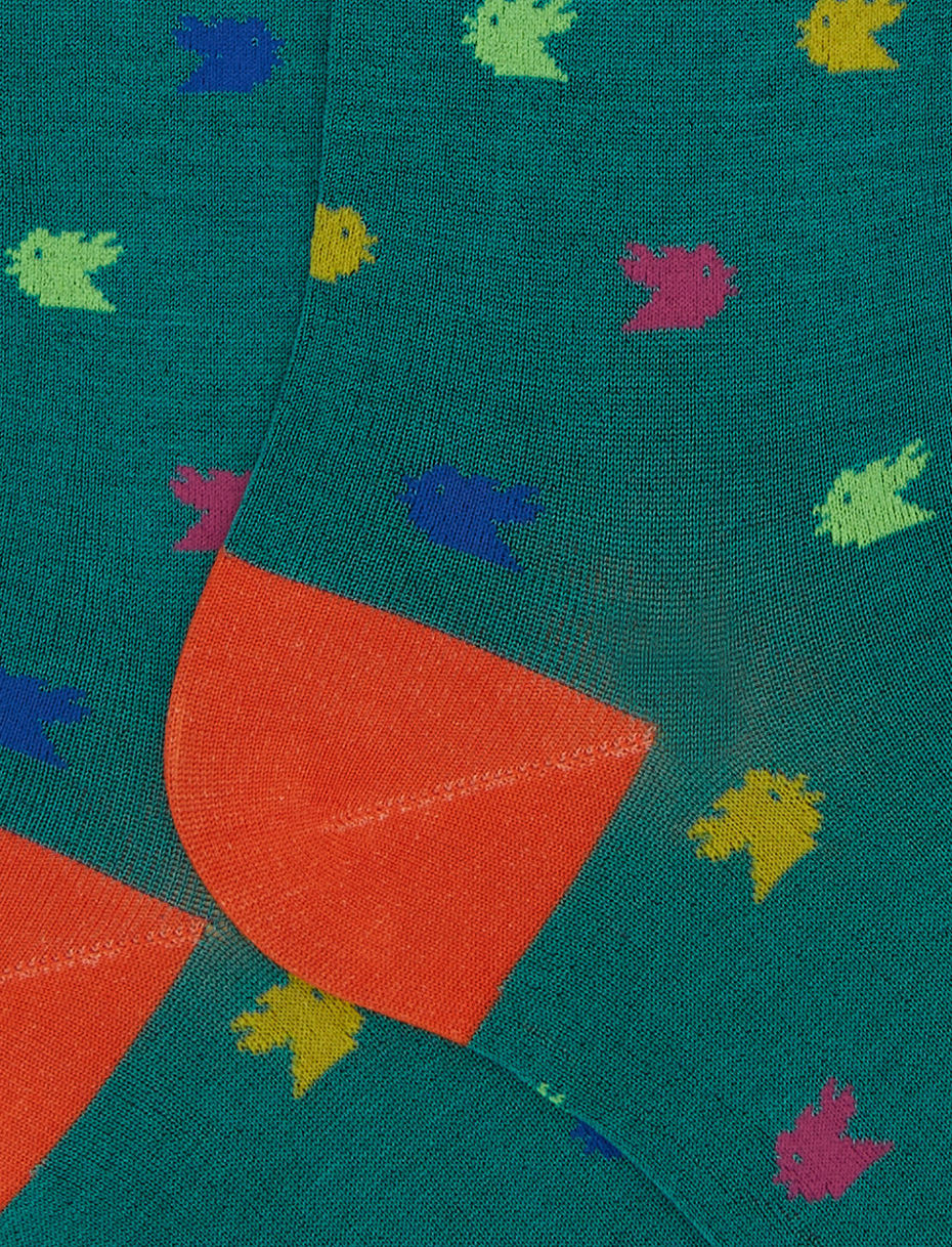 Women's long green cotton socks with colourful small rooster motif - Gallo 1927 - Official Online Shop