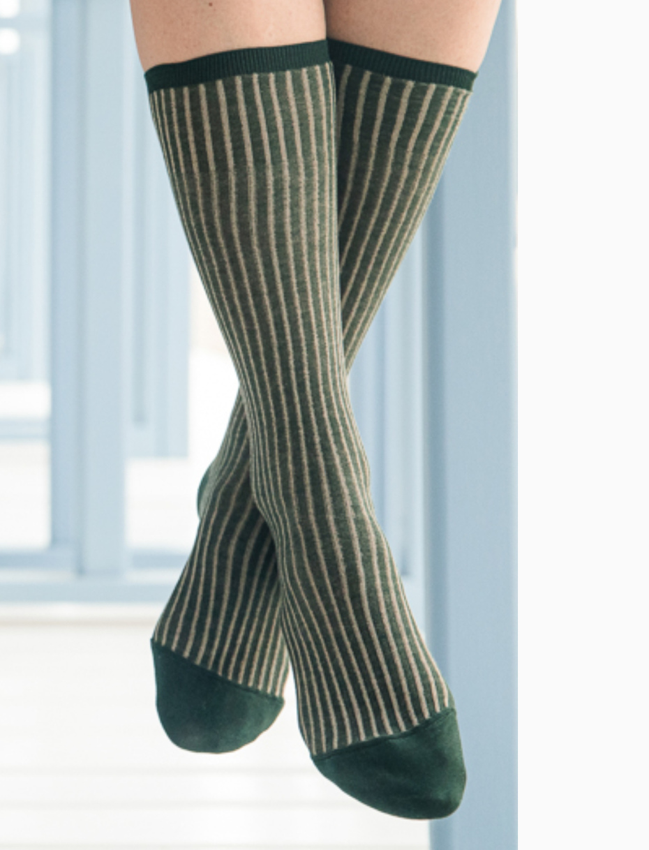 Women's long pine green twin-rib cotton socks - Gallo 1927 - Official Online Shop