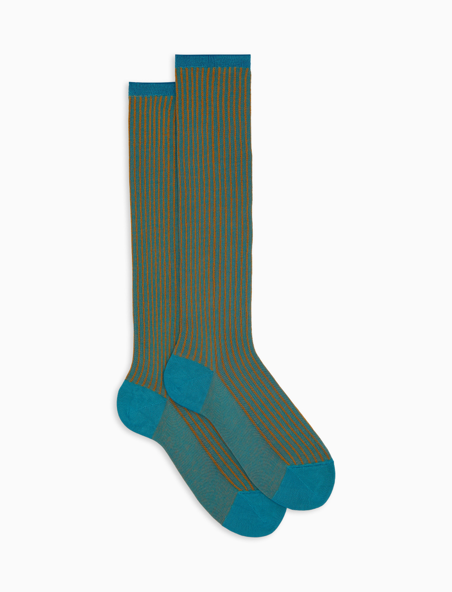 Women's long light blue twin-rib cotton socks - Gallo 1927 - Official Online Shop