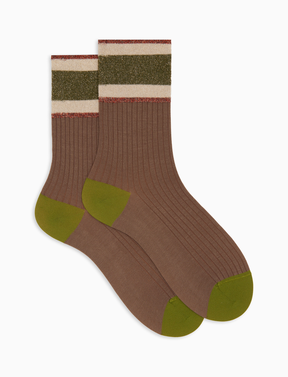 Women's short ribbed plain brown cotton socks with glitter-striped cuff - Gallo 1927 - Official Online Shop