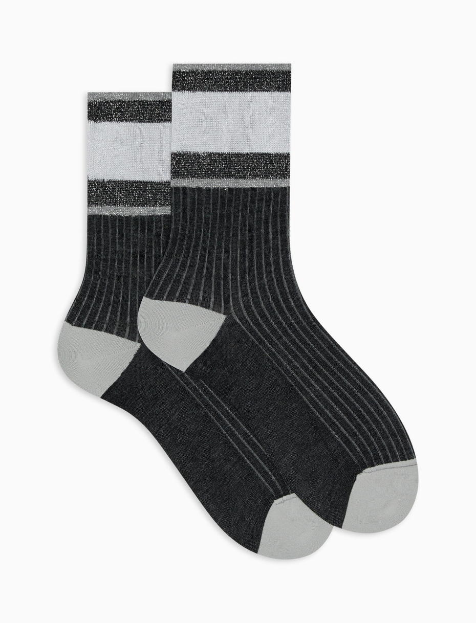 Women's short plain black ribbed cotton socks with lurex-striped cuff - Gallo 1927 - Official Online Shop
