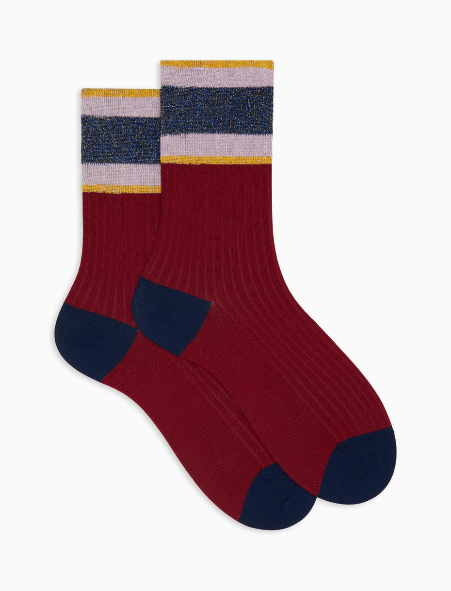 Women's short ribbed plain red cotton socks with glitter-striped cuff - Gallo 1927 - Official Online Shop