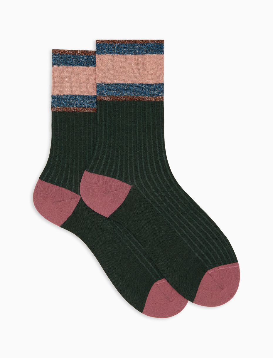 Women's short ribbed plain green cotton socks with glitter-striped cuff - Gallo 1927 - Official Online Shop