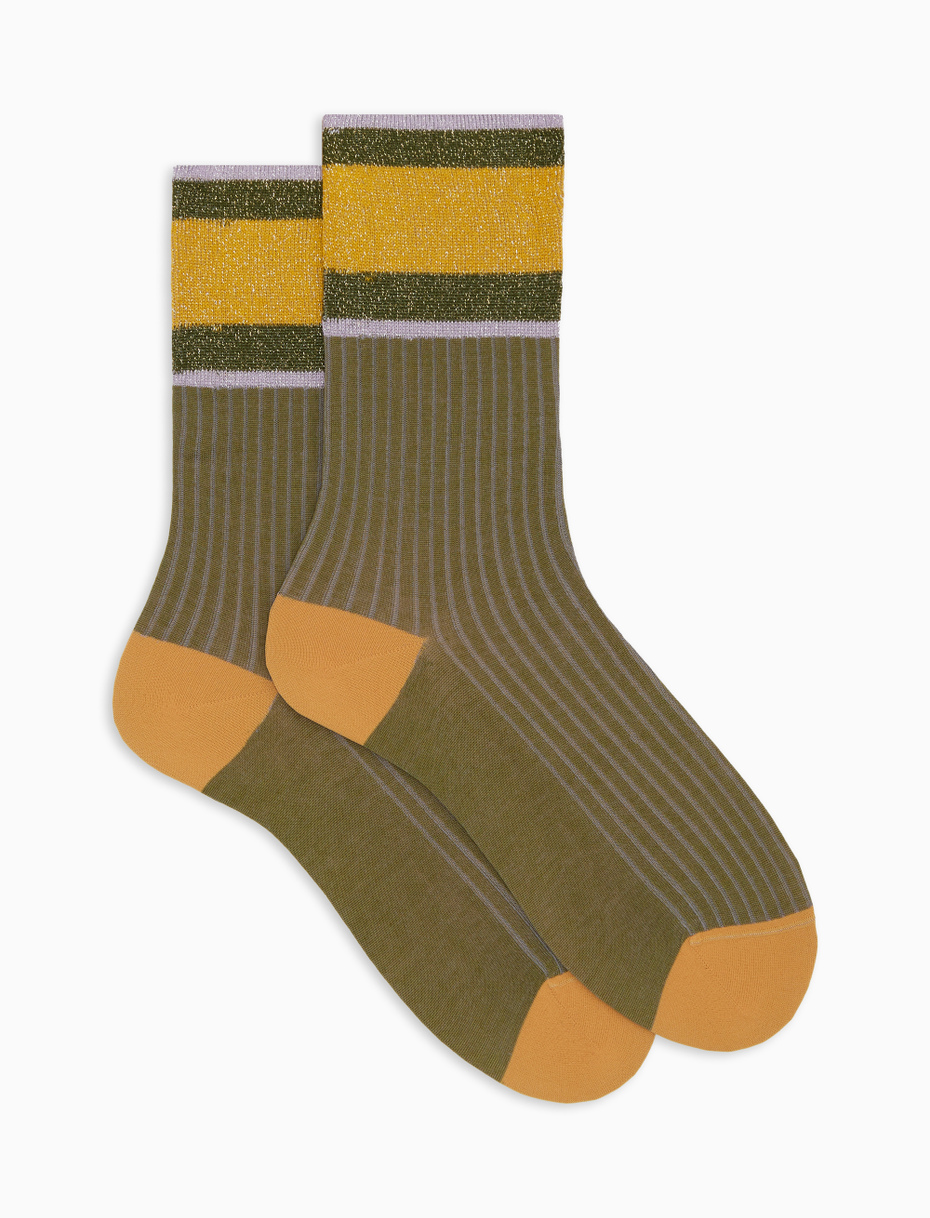 Women's short plain green ribbed cotton socks with lurex-striped cuff - Gallo 1927 - Official Online Shop