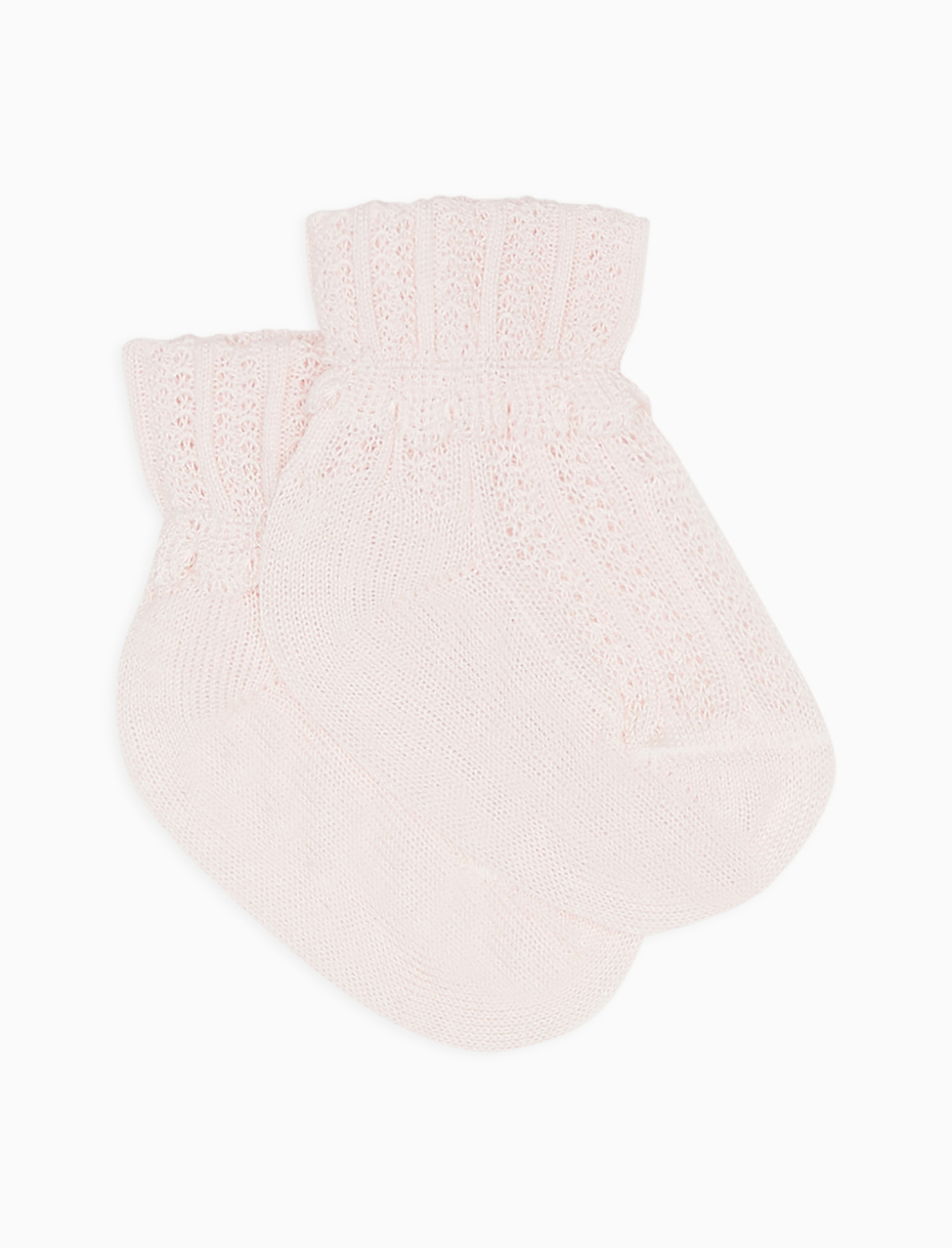 Calze corte bambino cotone risvolto e cappette a righe verticali rosa