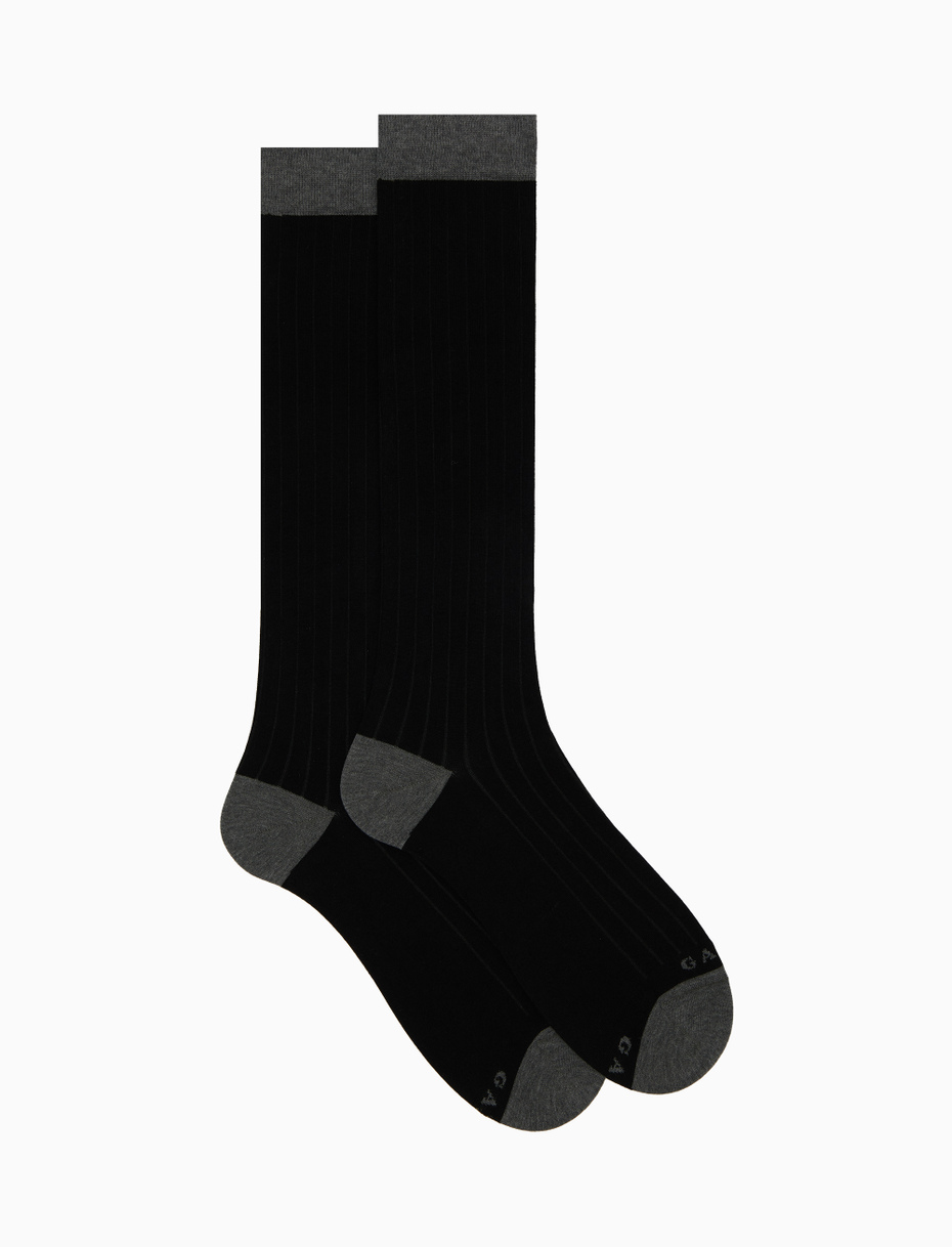 Men's long plain black cotton socks with contrasting details - Gallo 1927 - Official Online Shop