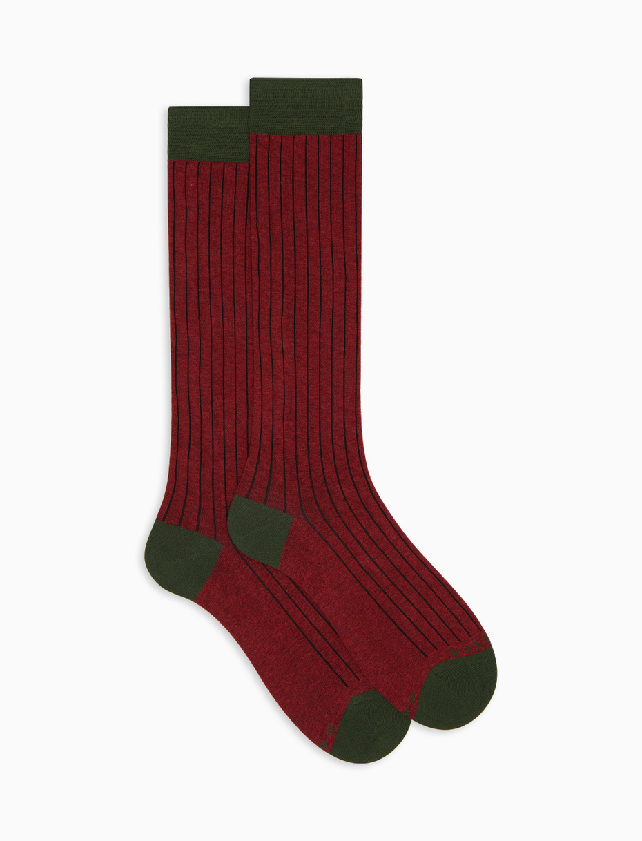 Men's long plain burgundy cotton socks with contrasting details - Gallo 1927 - Official Online Shop