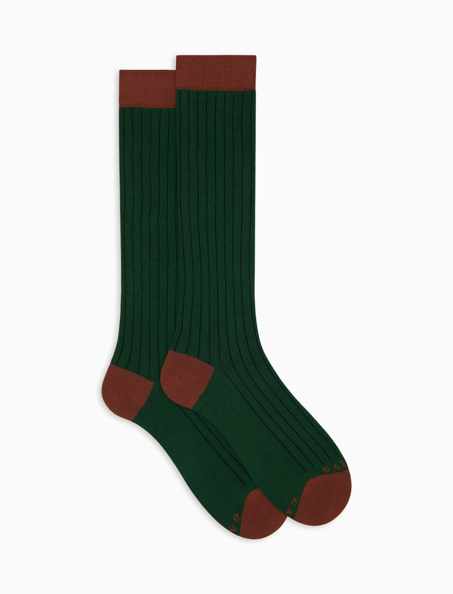 Men's long plain green cotton socks with contrasting details - Gallo 1927 - Official Online Shop