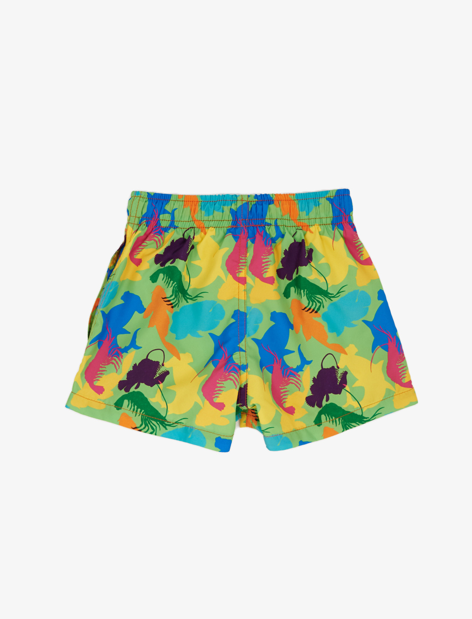 Kid's kiwi green polyester swimming shorts with prehistoric fish pattern - Gallo 1927 - Official Online Shop