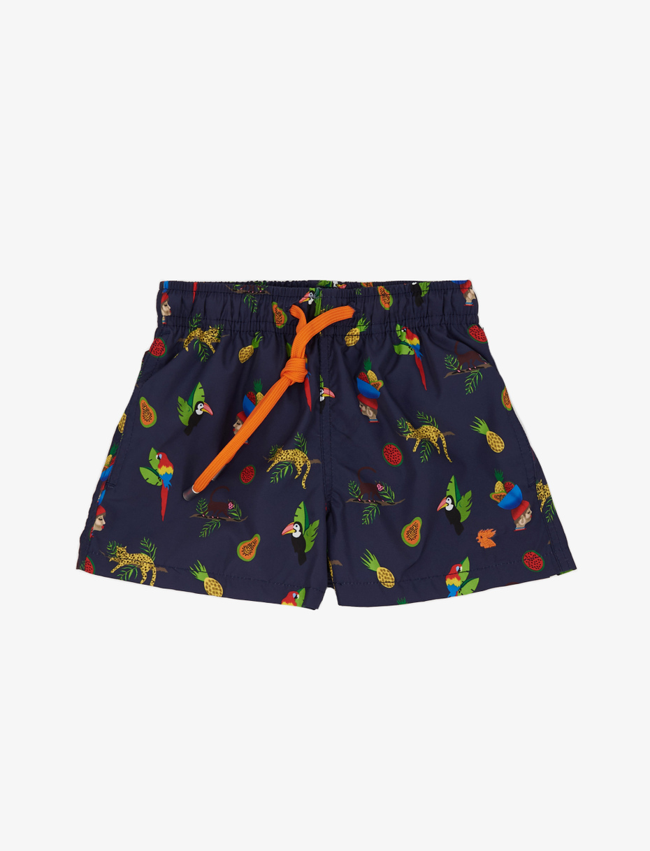 Kid's royal blue polyester swimming shorts with tropical pattern - Gallo 1927 - Official Online Shop