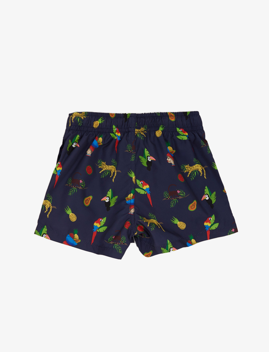 Kid's royal blue polyester swimming shorts with tropical pattern - Gallo 1927 - Official Online Shop