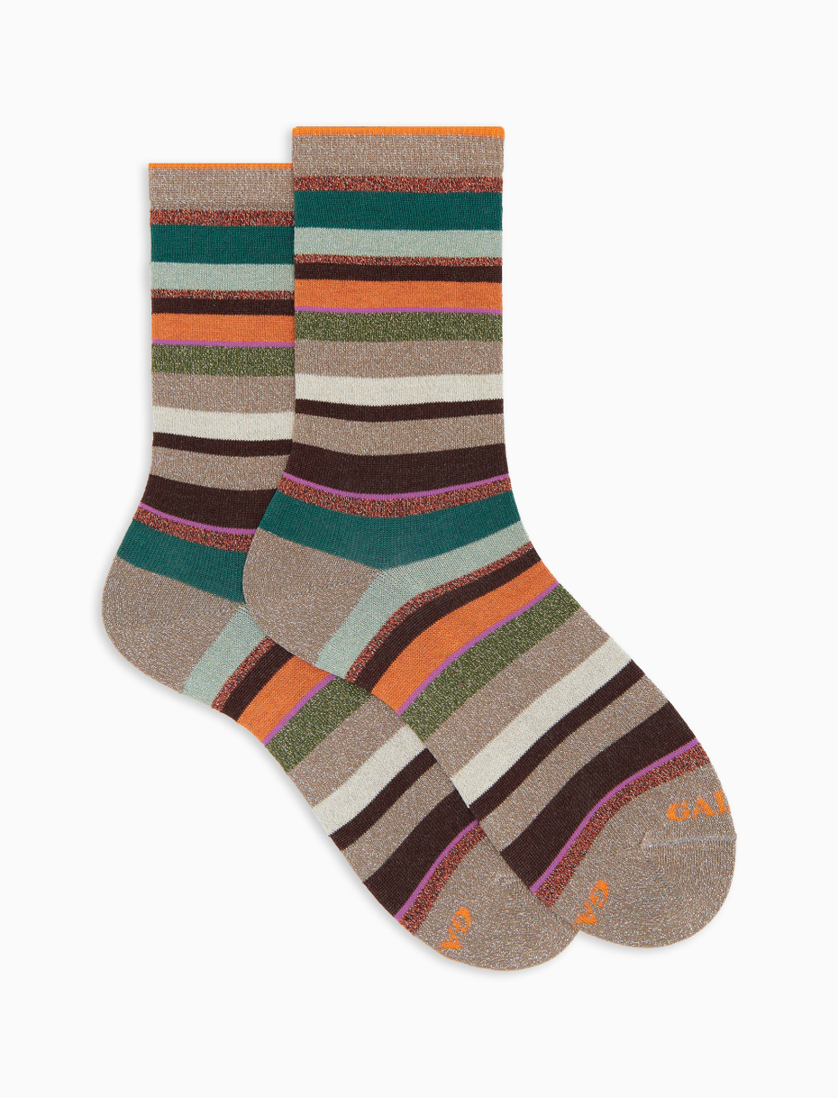 Women's short beige cotton socks with multicoloured glitter stripes - Gallo 1927 - Official Online Shop