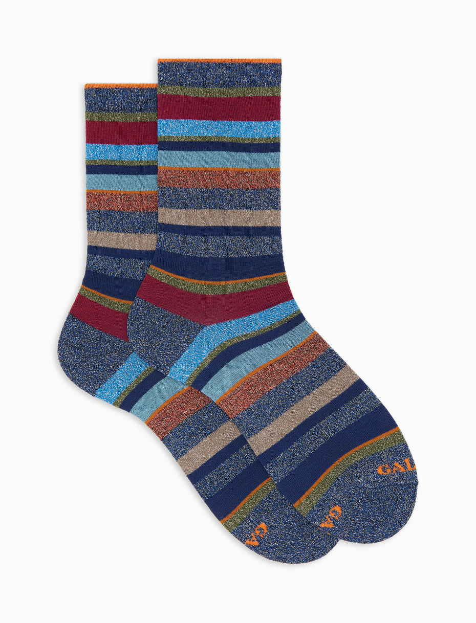 Women's short blue cotton socks with multicoloured glitter stripes - Gallo 1927 - Official Online Shop
