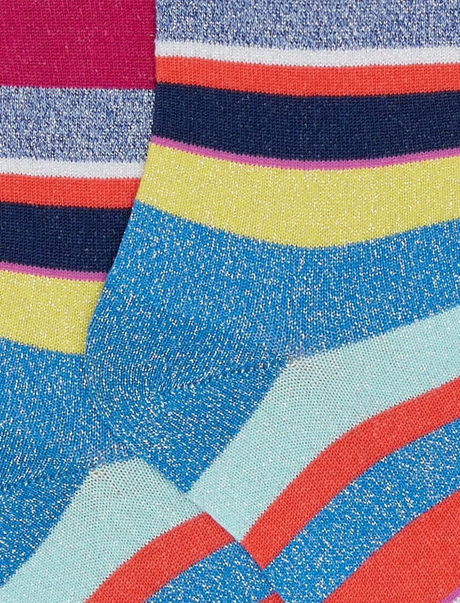 Kids' short aegean blue cotton socks with multicoloured lurex and neon stripes - Gallo 1927 - Official Online Shop