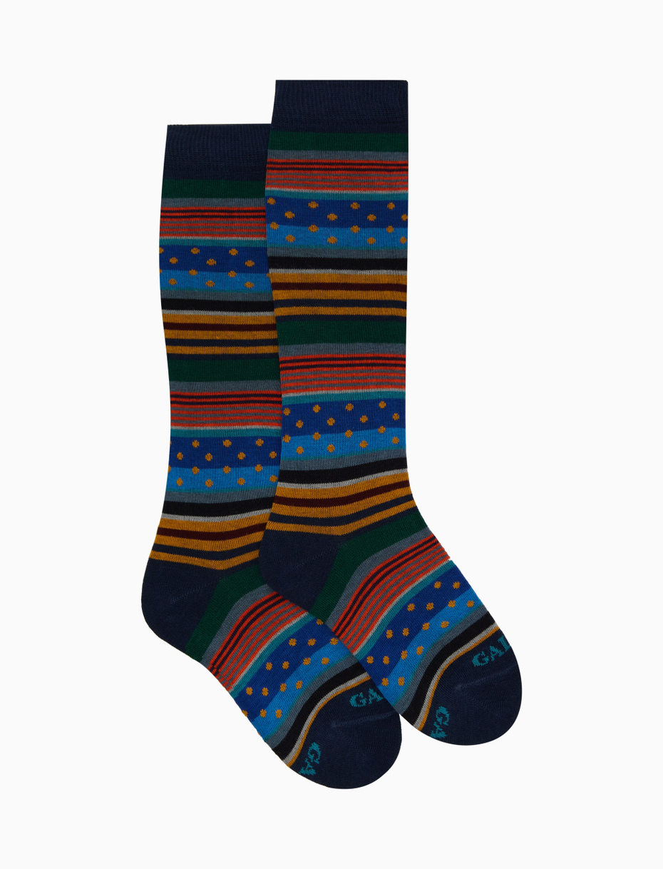 Kids' long blue cotton socks with stripes and polka dots - Gallo 1927 - Official Online Shop