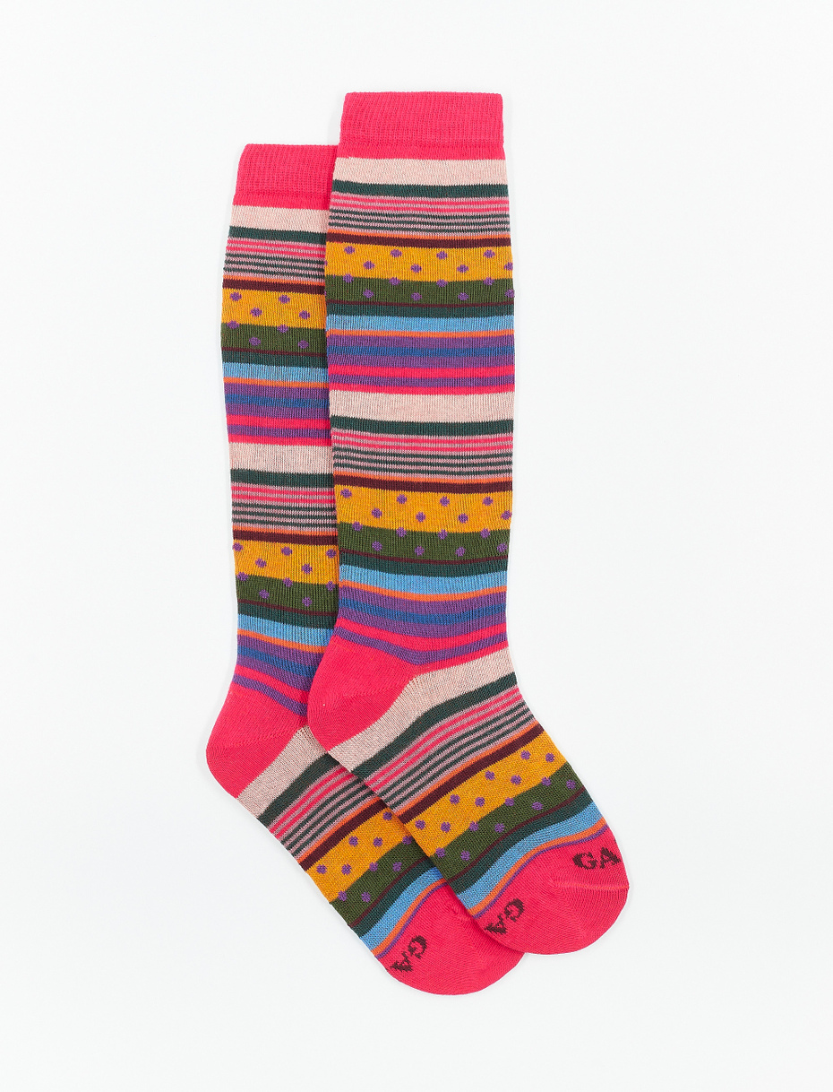 Kids' long ruby red cotton socks with stripes and polka dots - Gallo 1927 - Official Online Shop