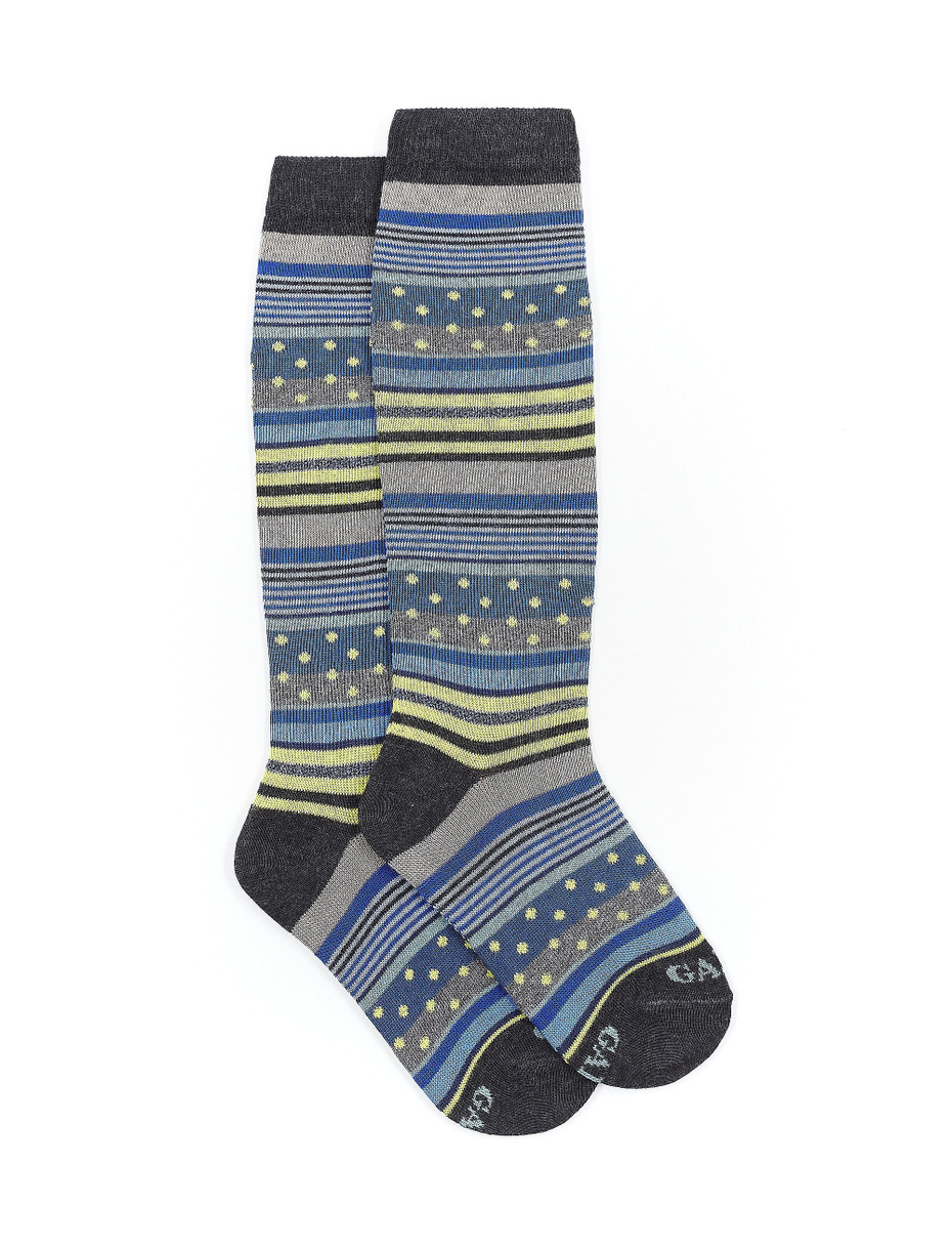 Kids' long charcoal grey cotton socks with stripes and polka dots - Gallo 1927 - Official Online Shop