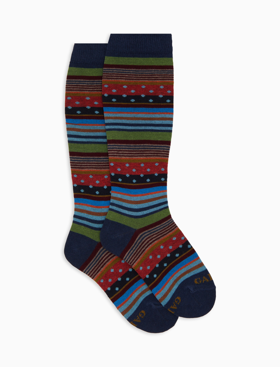 Kids' long blue cotton socks with stripes and polka dots - Gallo 1927 - Official Online Shop
