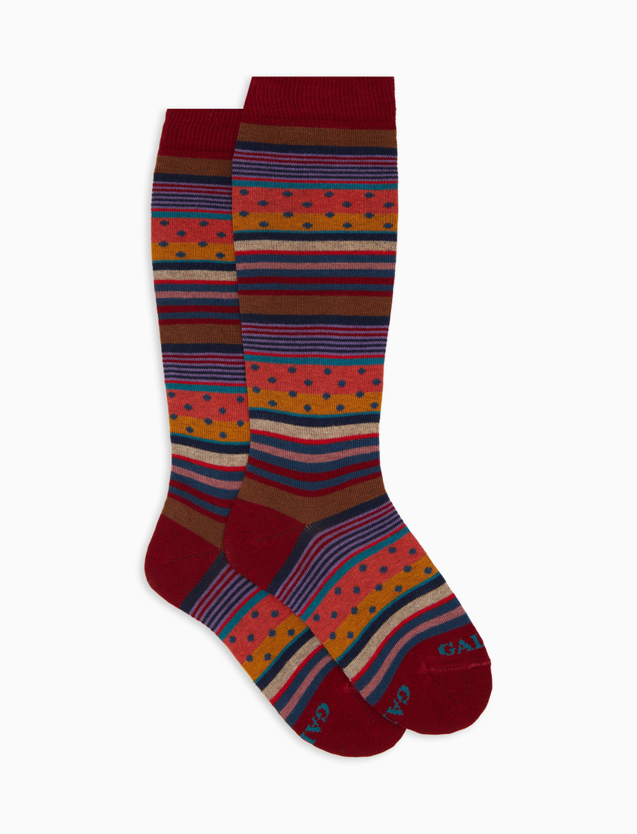 Kids' long burgundy cotton socks with stripes and polka dots - Gallo 1927 - Official Online Shop