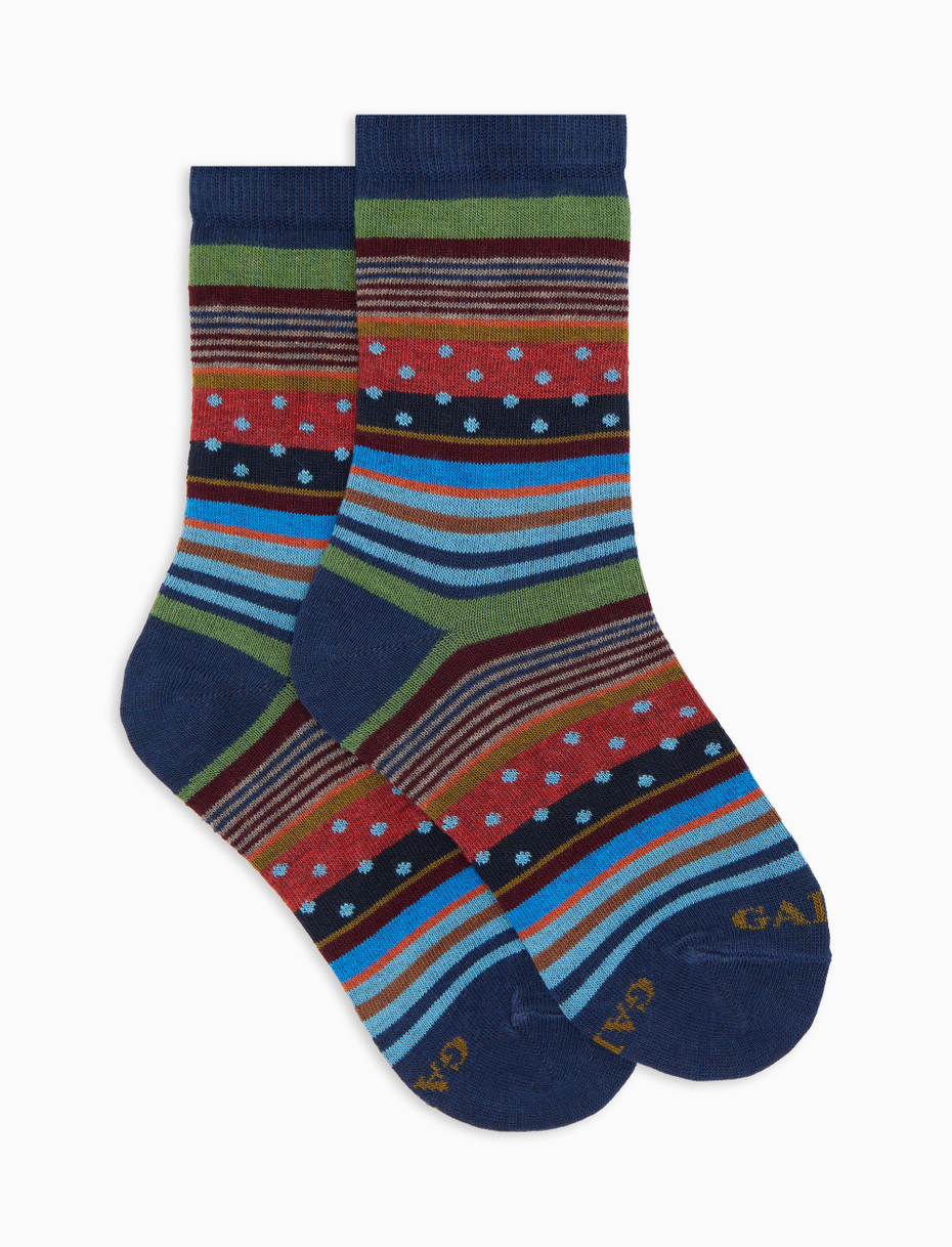 Kids' short blue cotton socks with stripes and polka dots - Gallo 1927 - Official Online Shop