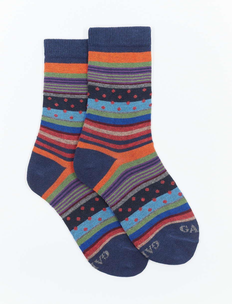 Kids' short royal blue cotton socks with stripes and polka dots - Gallo 1927 - Official Online Shop