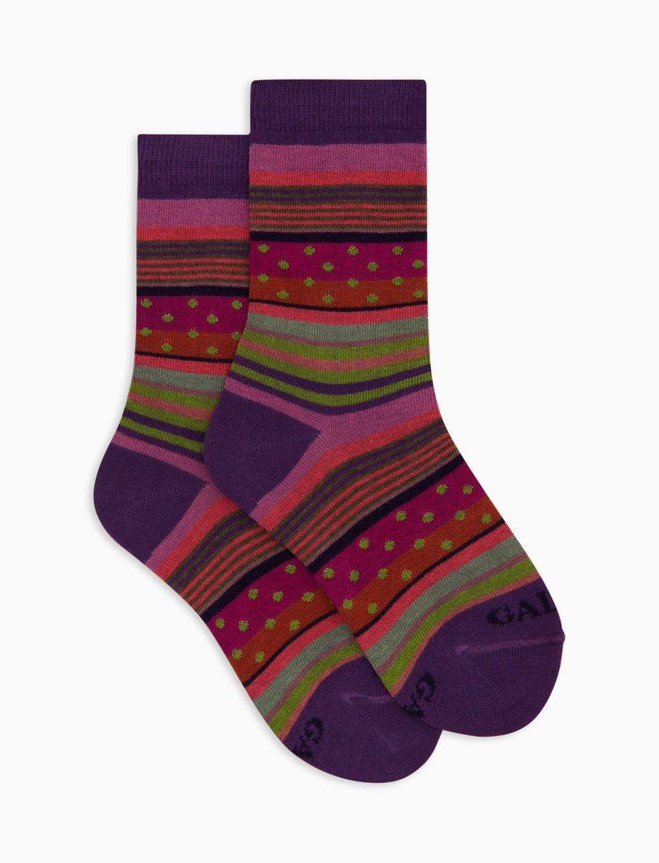 Kids' short purple cotton socks with stripes and polka dots - Gallo 1927 - Official Online Shop