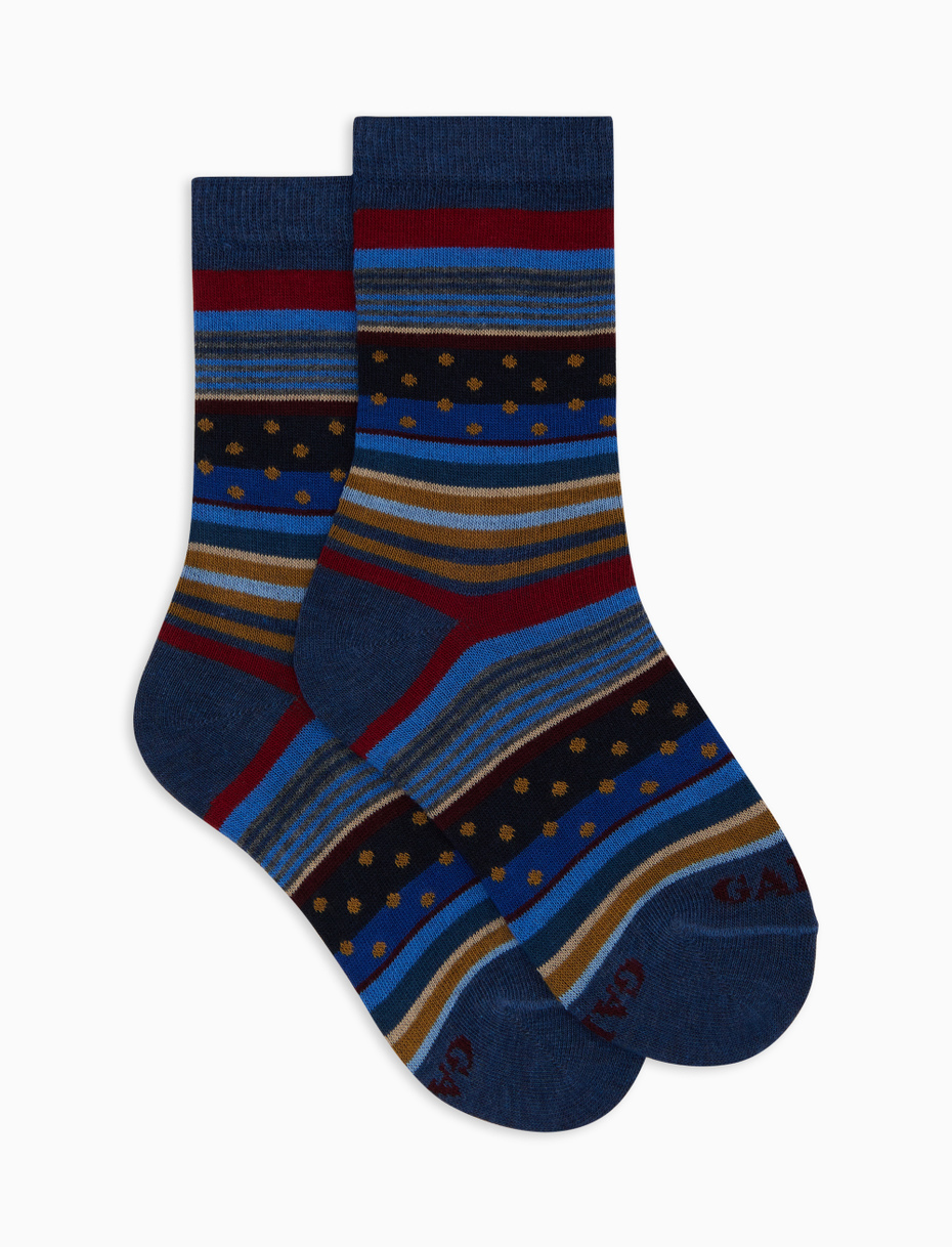 Kids' short blue cotton socks with stripes and polka dots - Gallo 1927 - Official Online Shop