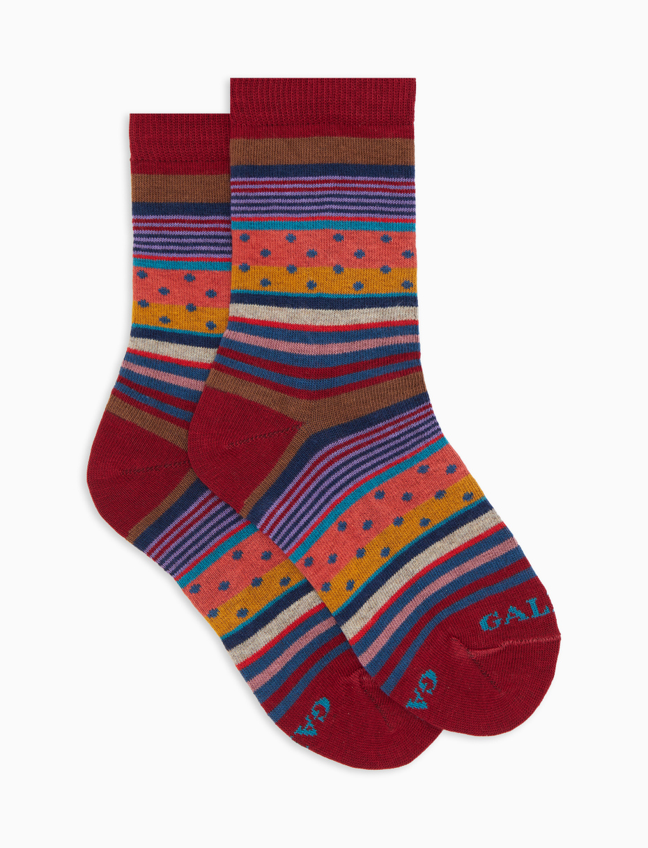 Kids' short burgundy cotton socks with stripes and polka dots - Gallo 1927 - Official Online Shop