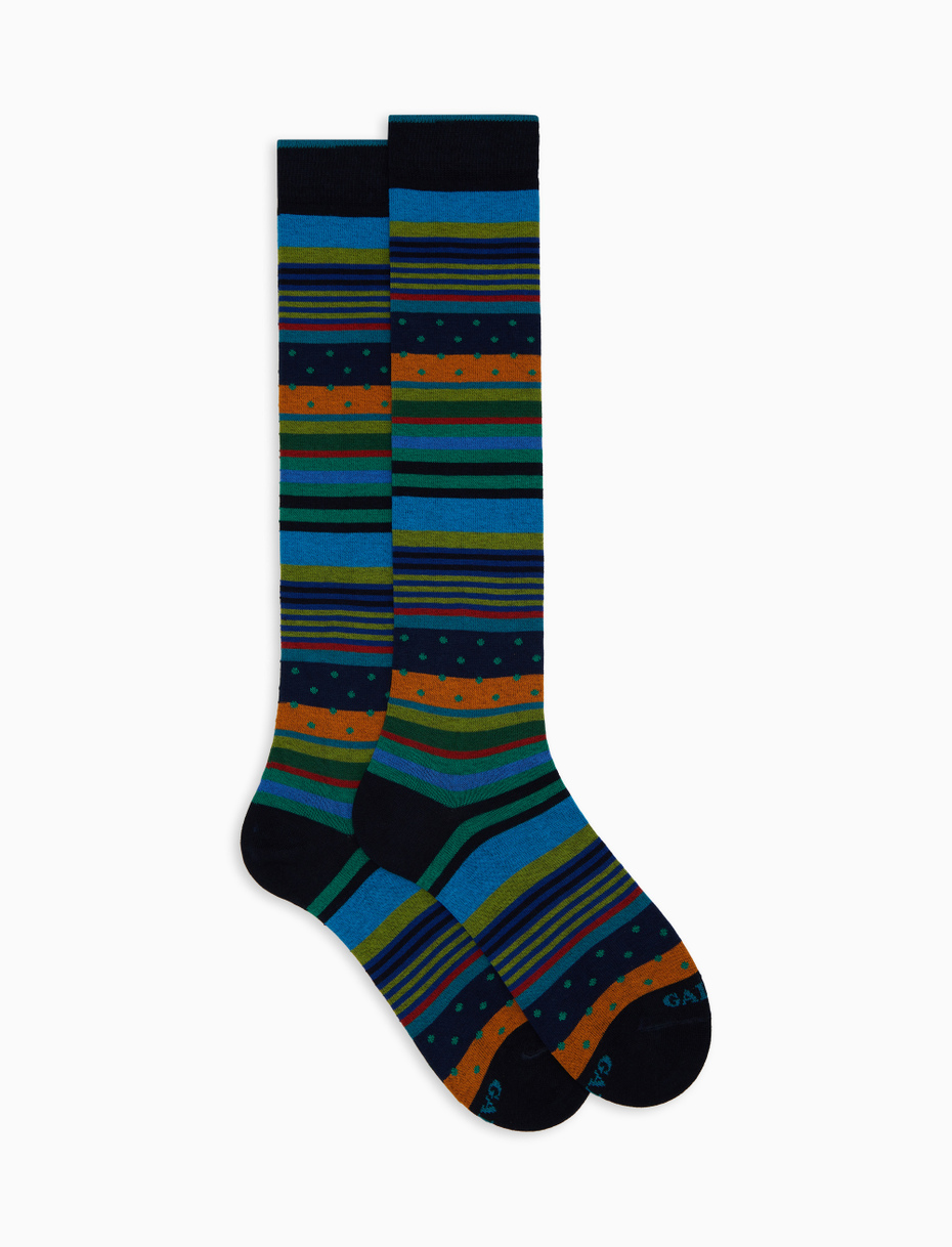 Men's long blue cotton socks with stripes and polka dots - Gallo 1927 - Official Online Shop