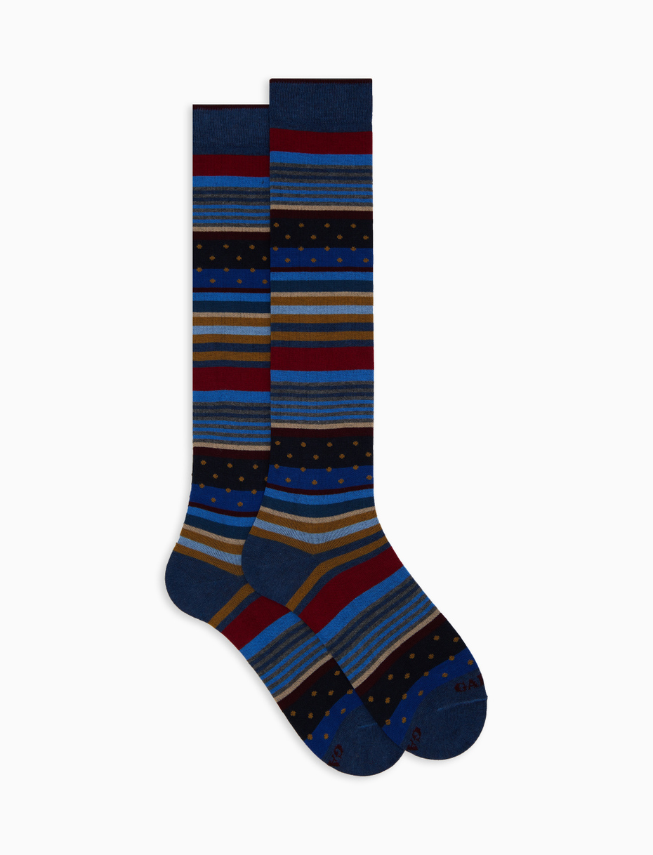 Men's long blue cotton socks with stripes and polka dots - Gallo 1927 - Official Online Shop