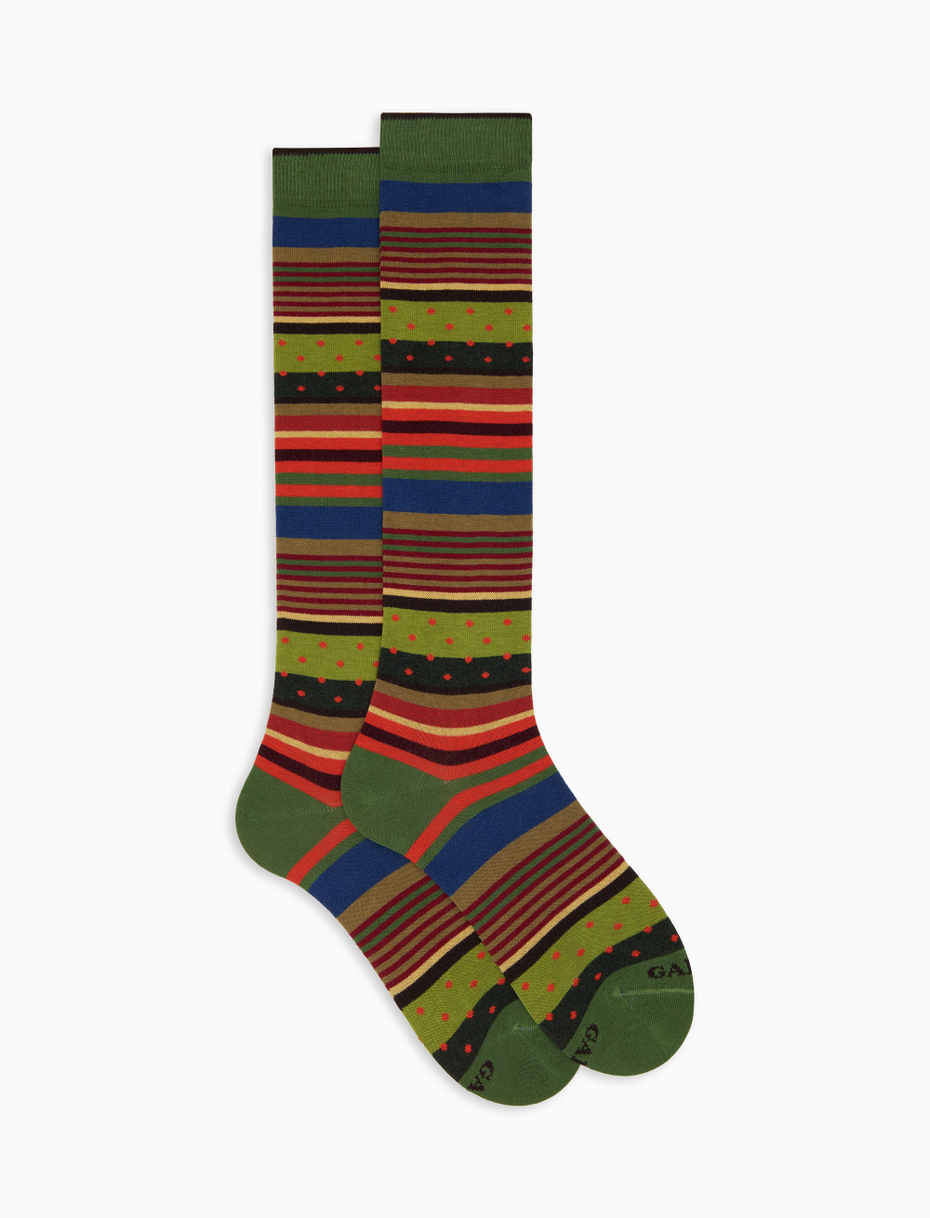 Men's long green cotton socks with stripes and polka dots - Gallo 1927 - Official Online Shop