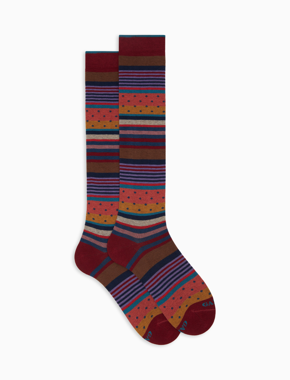 Men's long burgundy cotton socks with stripes and polka dots - Gallo 1927 - Official Online Shop