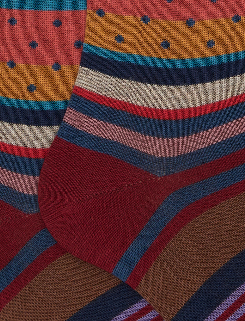 Men's long burgundy cotton socks with stripes and polka dots - Gallo 1927 - Official Online Shop