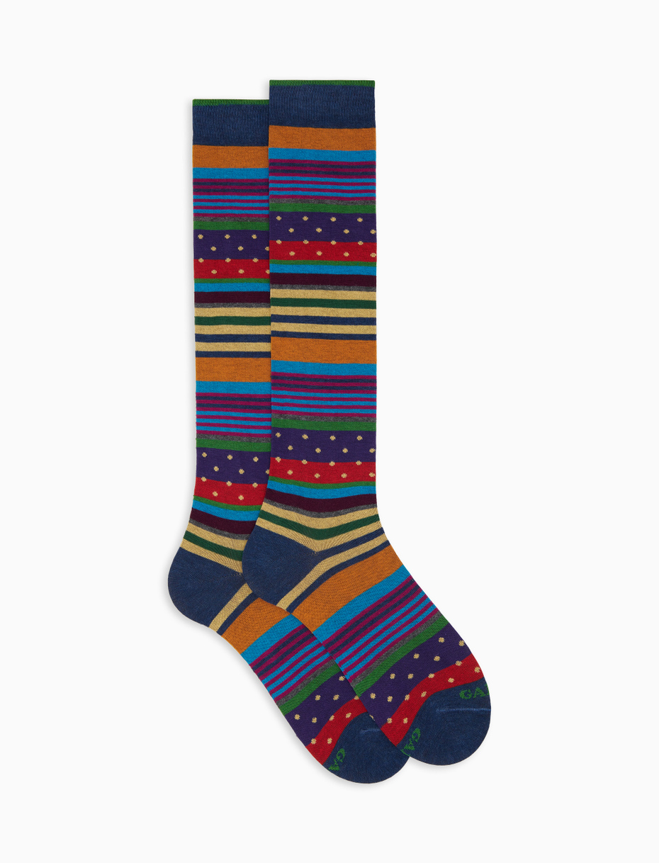 Men's long blue cotton socks with stripes and polka dots - Gallo 1927 - Official Online Shop