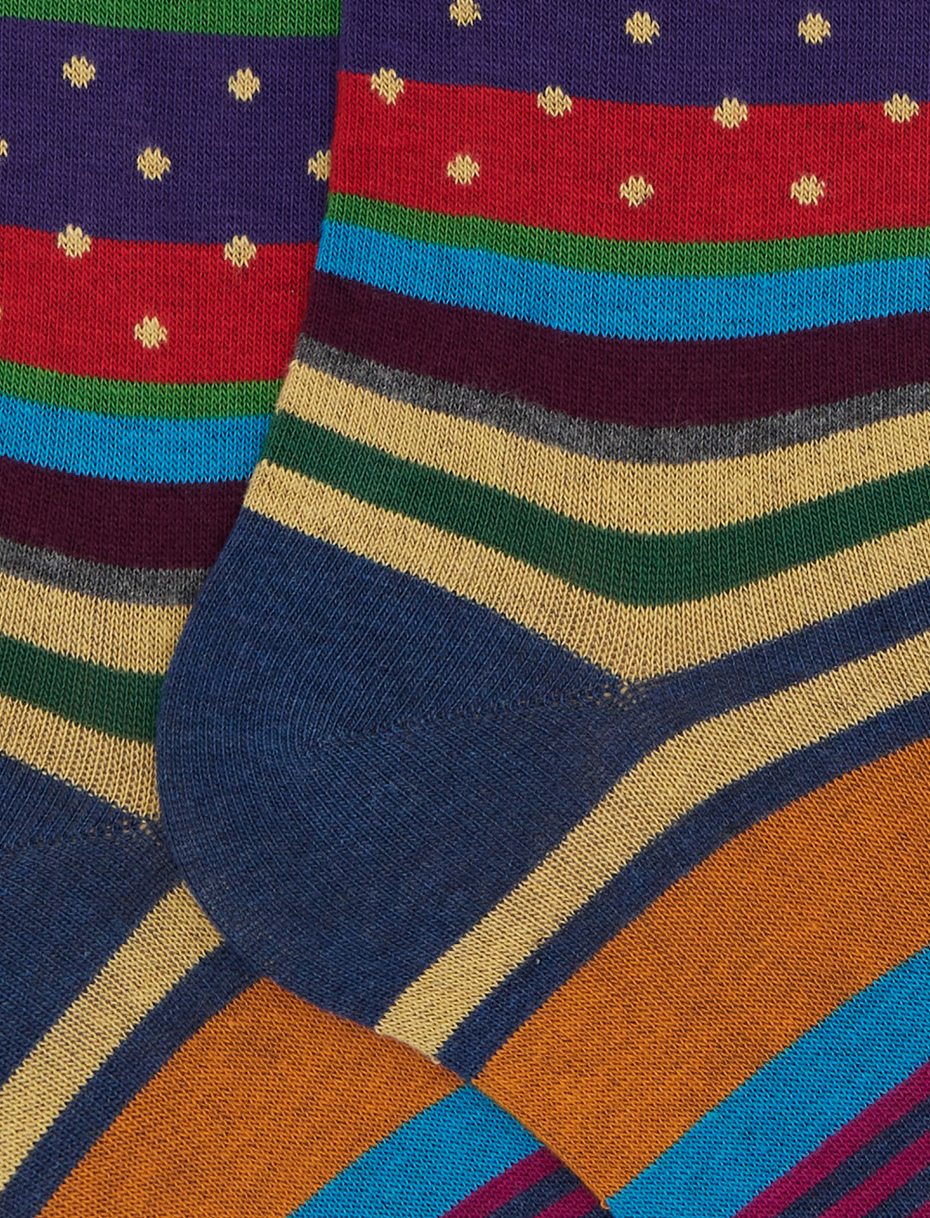 Men's long blue cotton socks with stripes and polka dots - Gallo 1927 - Official Online Shop