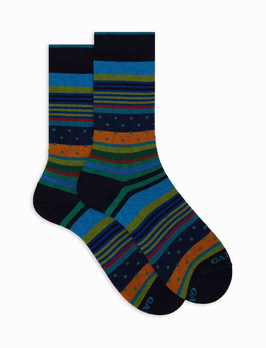 Men's short blue cotton socks with stripes and polka dots - Gallo 1927 - Official Online Shop