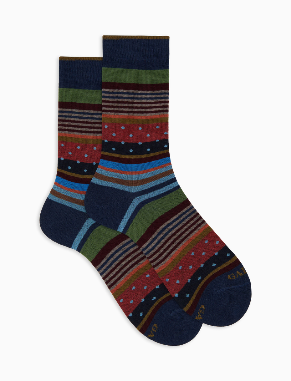 Men's short blue cotton socks with stripes and polka dots - Gallo 1927 - Official Online Shop