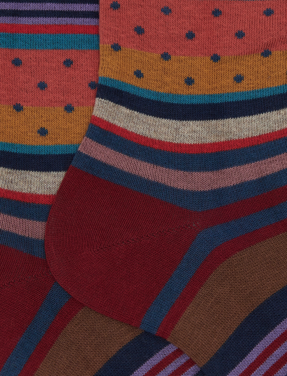 Men's short burgundy cotton socks with stripes and polka dots - Gallo 1927 - Official Online Shop