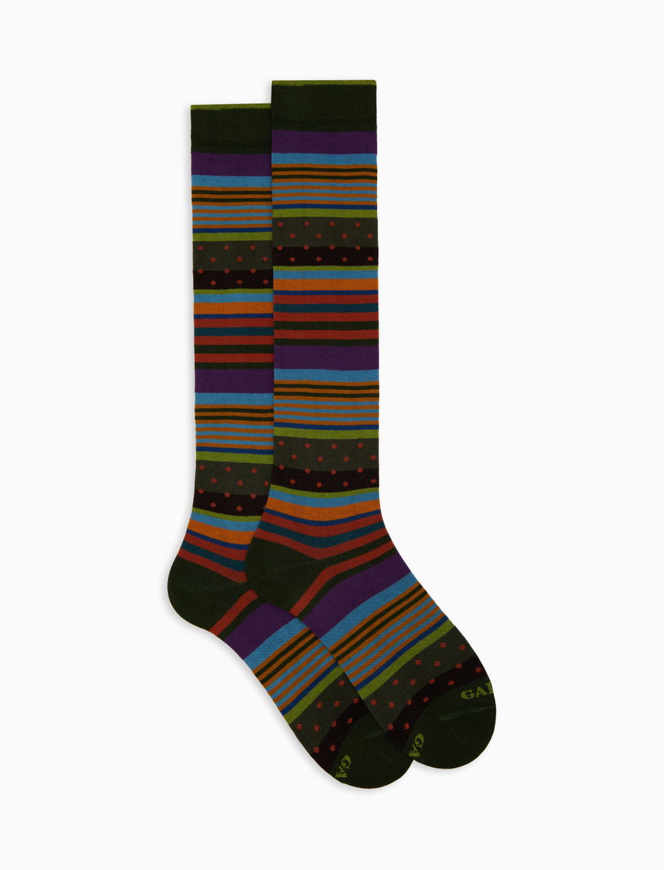 Women's long green cotton socks with stripes and polka dots - Gallo 1927 - Official Online Shop