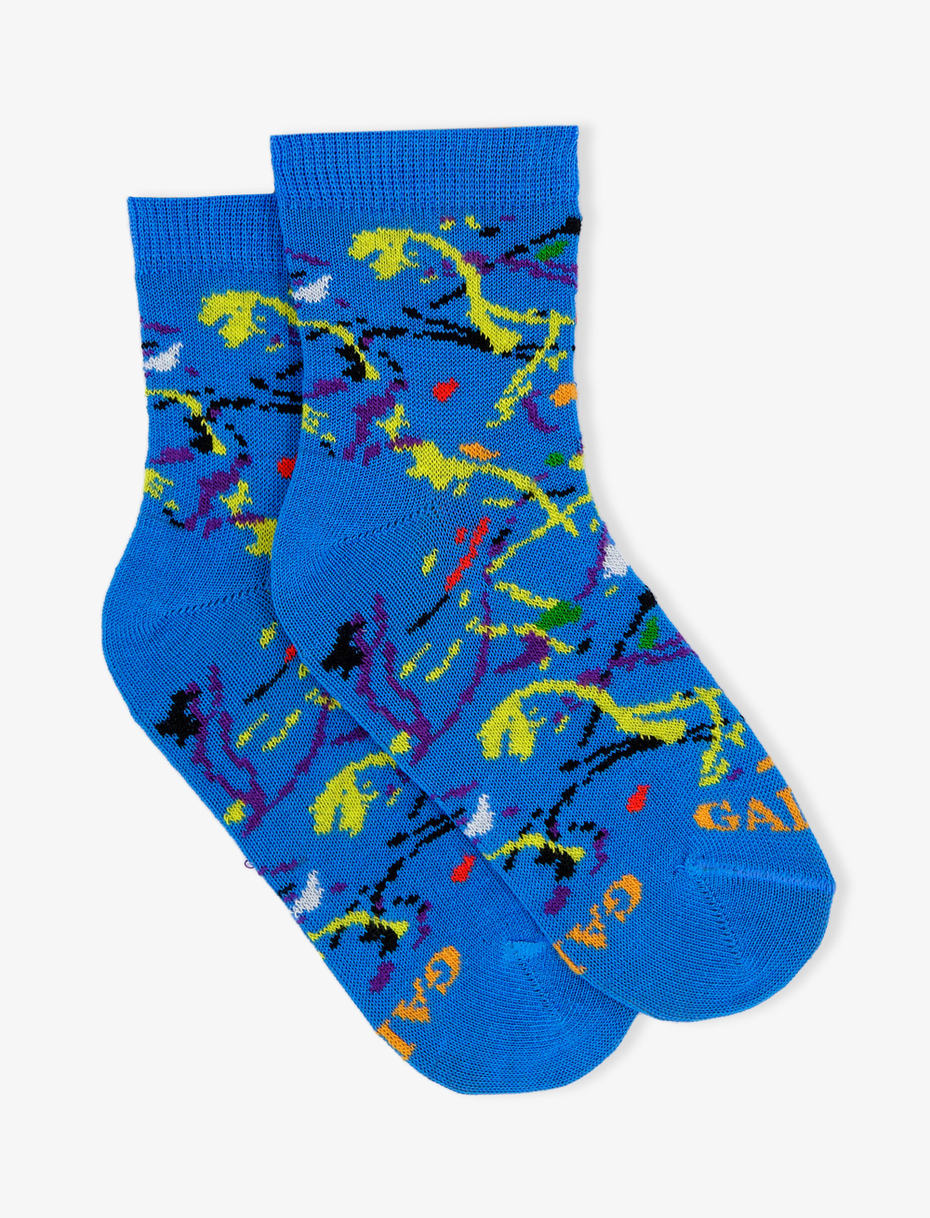 Kids' super short topaz blue light cotton socks with paint splash motif - Gallo 1927 - Official Online Shop