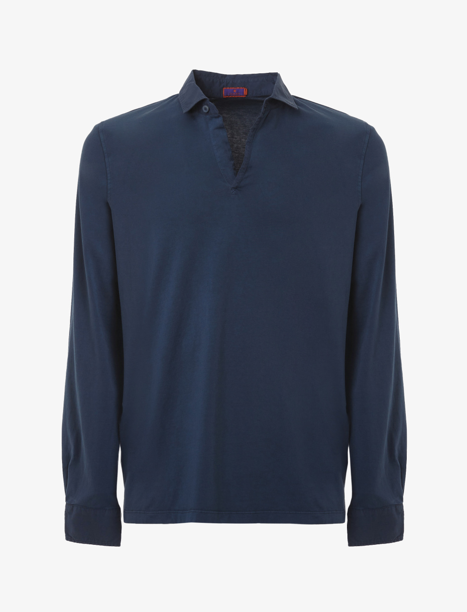 Men's plain navy blue cotton polo with long sleeves - Gallo 1927 - Official Online Shop